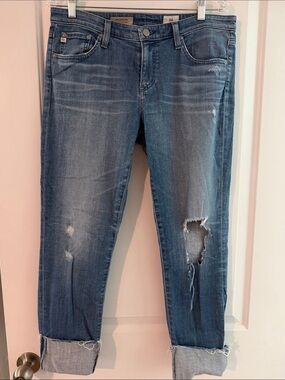 Ag Adriano Goldschmied Boyfriend Jeans in Faded Blue with Distressing
